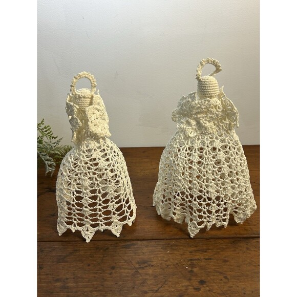 Lot Of 2 Vintage Crochet Angel Christmas Tree Toppers 8” And 9” Tall - Picture 4 of 8